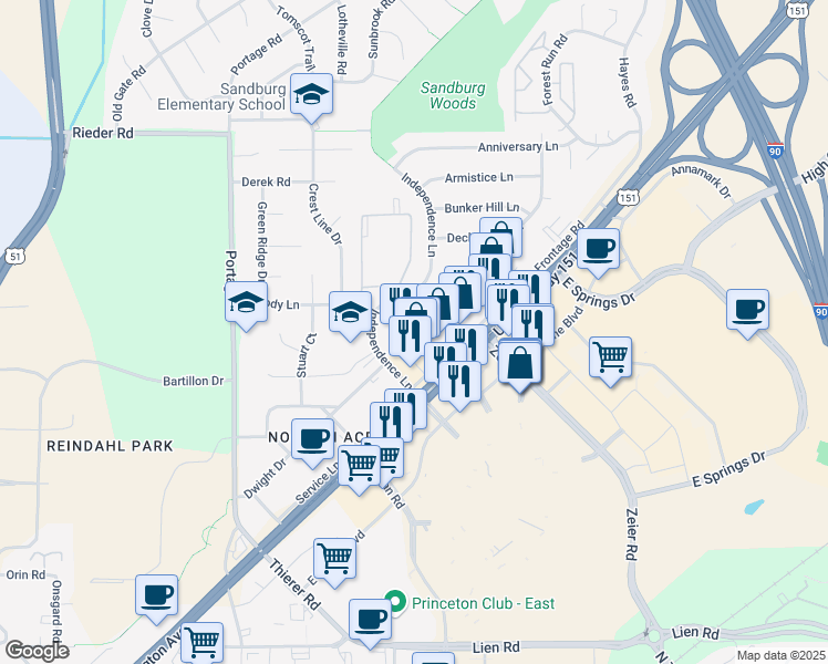 map of restaurants, bars, coffee shops, grocery stores, and more near 4510 East Washington Avenue in Madison