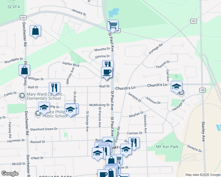 map of restaurants, bars, coffee shops, grocery stores, and more near 2943 Saint Paul Avenue in Niagara Falls