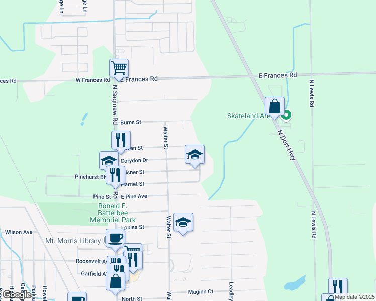 map of restaurants, bars, coffee shops, grocery stores, and more near 1179 Corydon Drive in Mount Morris