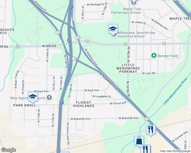 map of restaurants, bars, coffee shops, grocery stores, and more near 11049 West Appleton Avenue in Milwaukee