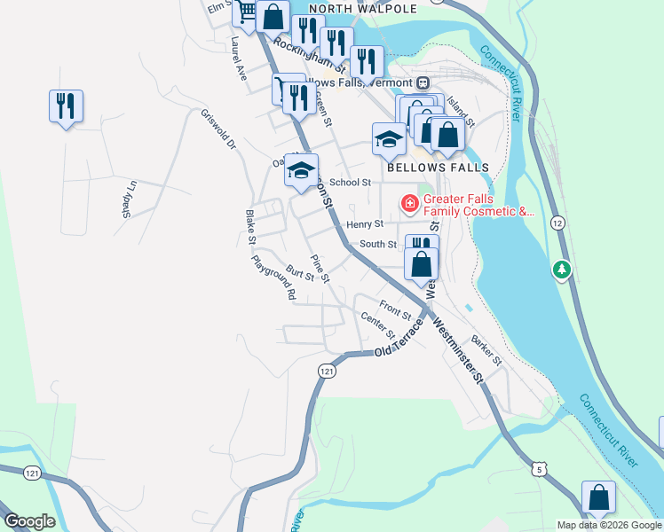 map of restaurants, bars, coffee shops, grocery stores, and more near 10 Burt Street in Town of Rockingham