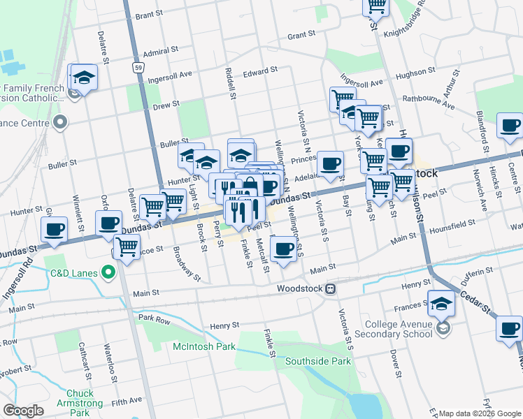 map of restaurants, bars, coffee shops, grocery stores, and more near 500 Dundas Street in Woodstock