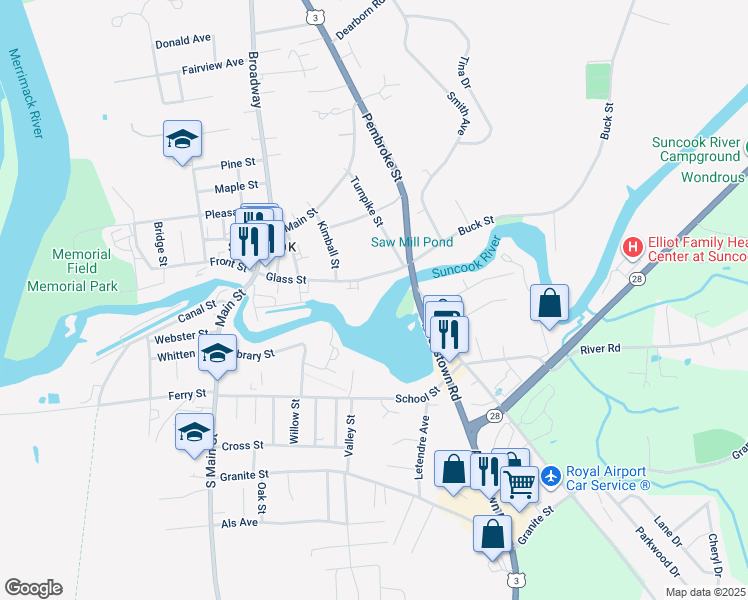 map of restaurants, bars, coffee shops, grocery stores, and more near 109 Glass Street in Pembroke