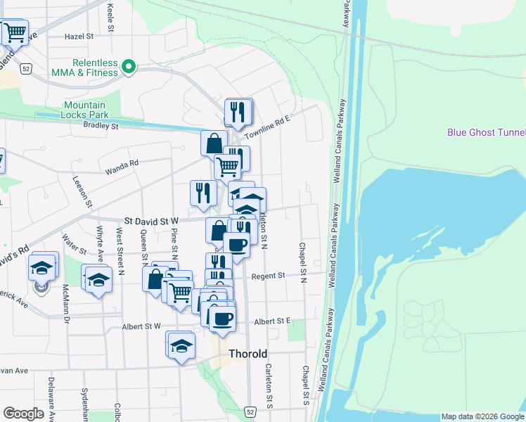 map of restaurants, bars, coffee shops, grocery stores, and more near Carleton Street North in Thorold