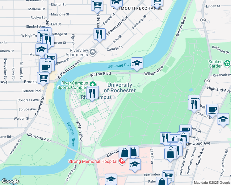 map of restaurants, bars, coffee shops, grocery stores, and more near 742 Library Road in Rochester