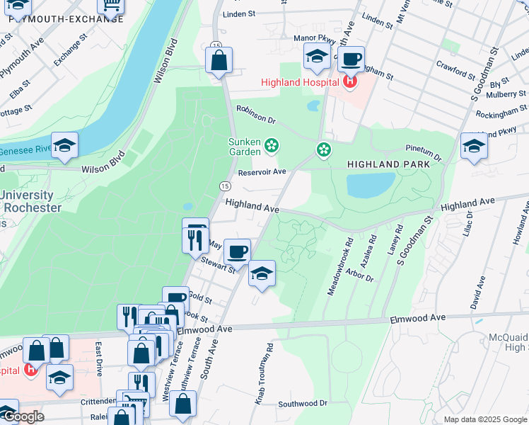 map of restaurants, bars, coffee shops, grocery stores, and more near 77 Highland Avenue in Rochester
