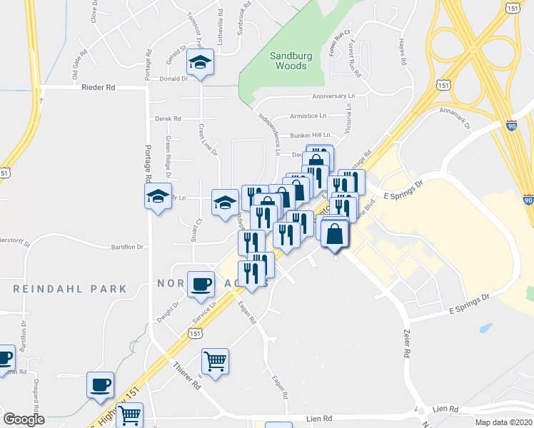 map of restaurants, bars, coffee shops, grocery stores, and more near 2335 Columbus Lane in Madison