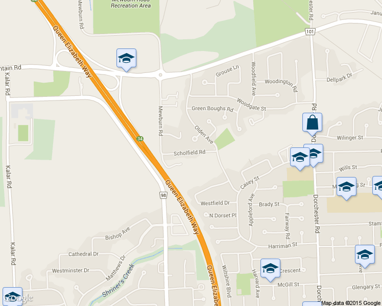 map of restaurants, bars, coffee shops, grocery stores, and more near 7491 Scholfield Road in Niagara Falls