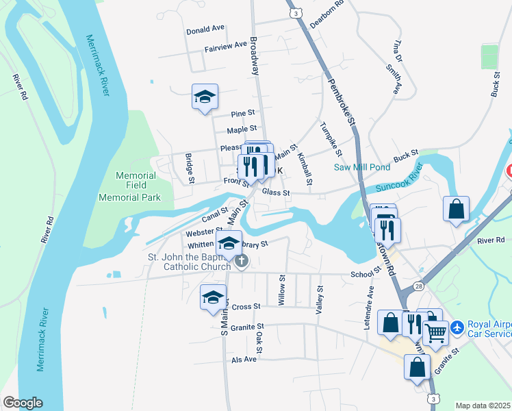 map of restaurants, bars, coffee shops, grocery stores, and more near 12 Mill Falls Road in Pembroke