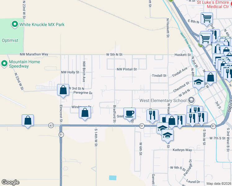 map of restaurants, bars, coffee shops, grocery stores, and more near 345 Bradford Street in Mountain Home