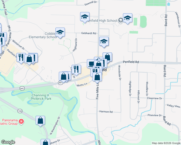 map of restaurants, bars, coffee shops, grocery stores, and more near 99 Motts Lane in Penfield