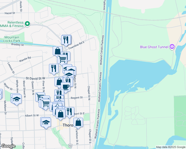 map of restaurants, bars, coffee shops, grocery stores, and more near 83 Wellington Street North in Thorold