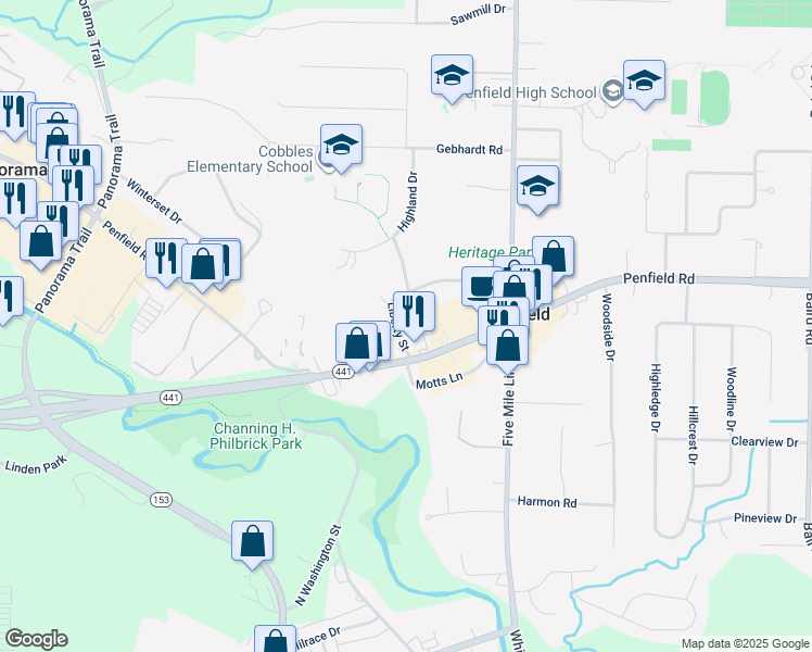 map of restaurants, bars, coffee shops, grocery stores, and more near 1778 New York 441 in Penfield