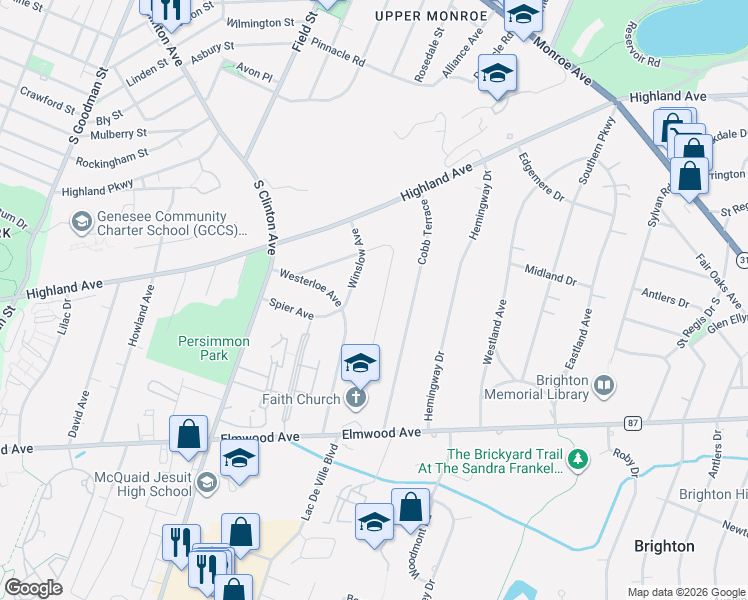 map of restaurants, bars, coffee shops, grocery stores, and more near 180 Parkwood Avenue in Rochester