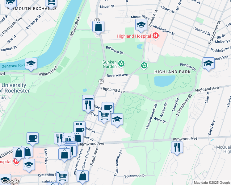 map of restaurants, bars, coffee shops, grocery stores, and more near 77 Highland Avenue in Rochester