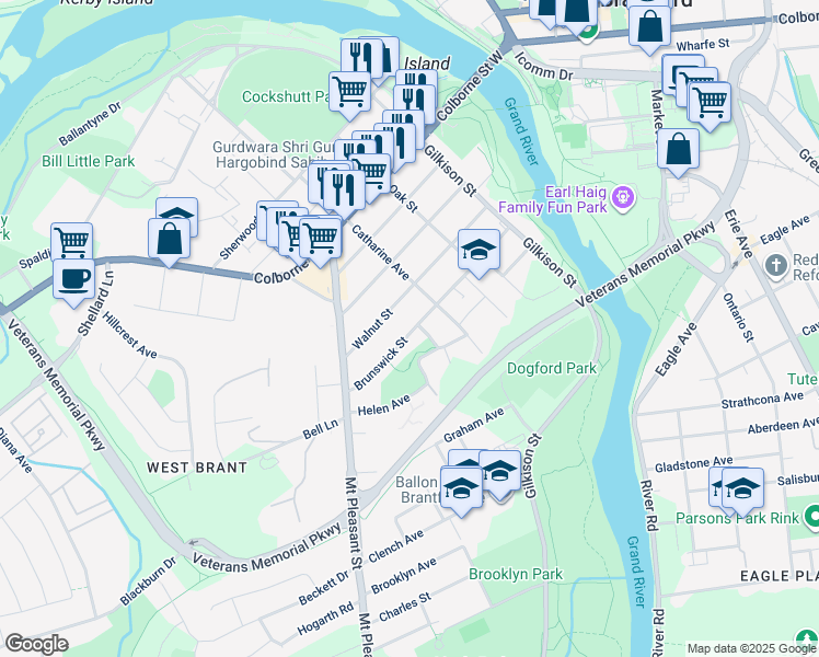 map of restaurants, bars, coffee shops, grocery stores, and more near 7 Patricia Street in Brantford