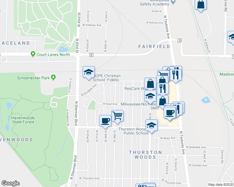 map of restaurants, bars, coffee shops, grocery stores, and more near 6125 North 38th Street in Milwaukee