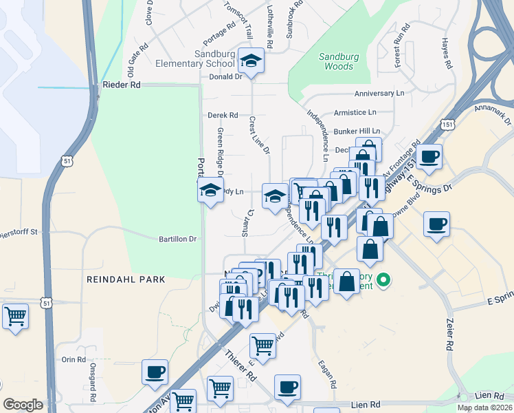 map of restaurants, bars, coffee shops, grocery stores, and more near 2310 Independence Lane in Madison