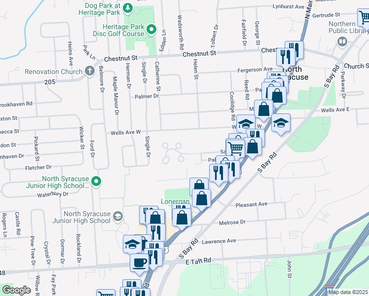 map of restaurants, bars, coffee shops, grocery stores, and more near 400 Sandra Lane in Syracuse