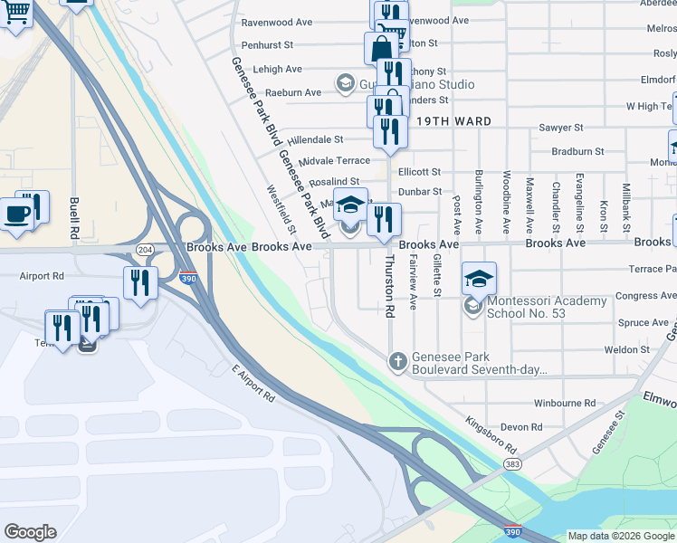 map of restaurants, bars, coffee shops, grocery stores, and more near 636 Genesee Park Boulevard in Rochester