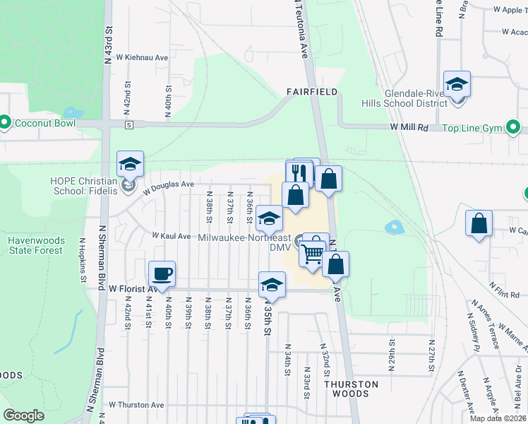map of restaurants, bars, coffee shops, grocery stores, and more near 6122 North 36th Street in Milwaukee