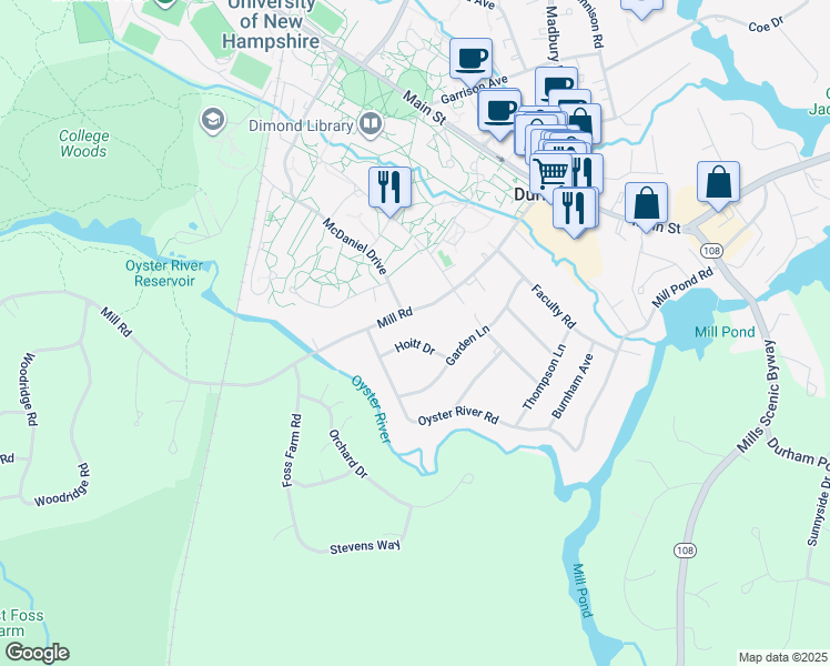 map of restaurants, bars, coffee shops, grocery stores, and more near 5 Hoitt Drive in Durham