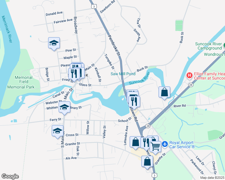 map of restaurants, bars, coffee shops, grocery stores, and more near 109 Glass Street in Pembroke