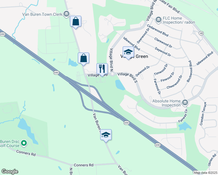 map of restaurants, bars, coffee shops, grocery stores, and more near 1 Village Boulevard North in Baldwinsville