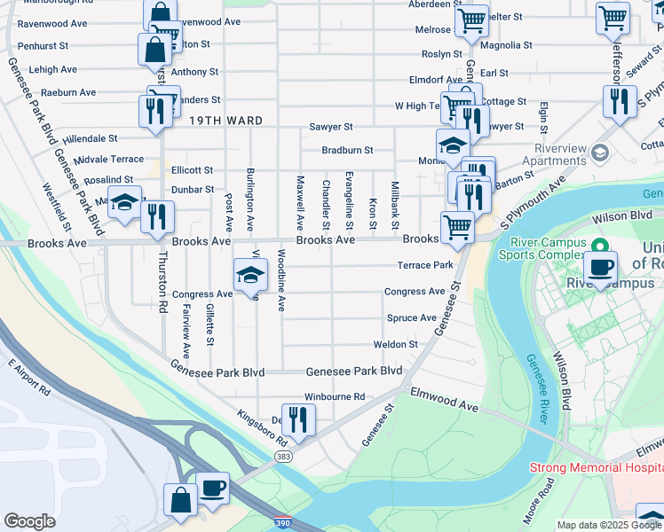 map of restaurants, bars, coffee shops, grocery stores, and more near Pioneer St & Terrace Park in Rochester