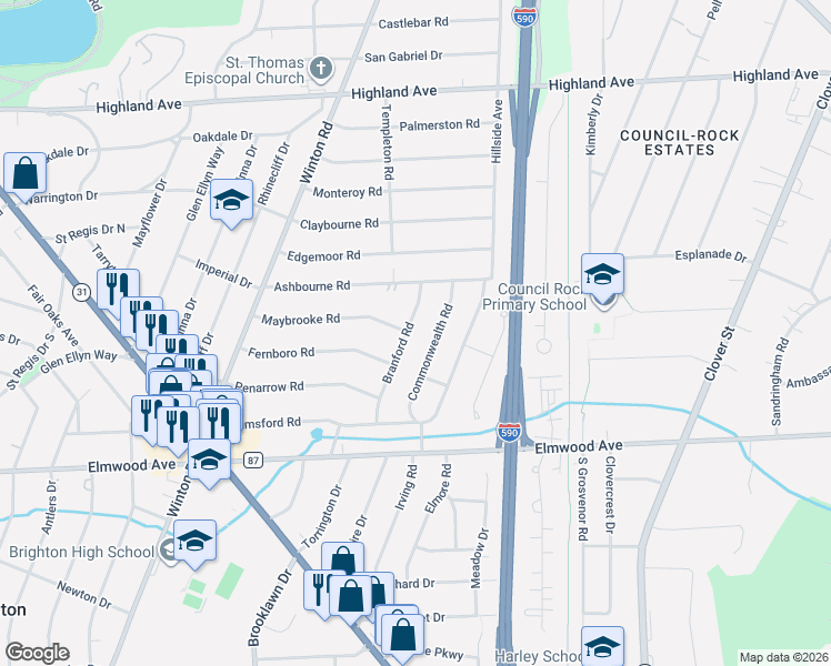map of restaurants, bars, coffee shops, grocery stores, and more near 94 Branford Road in Rochester