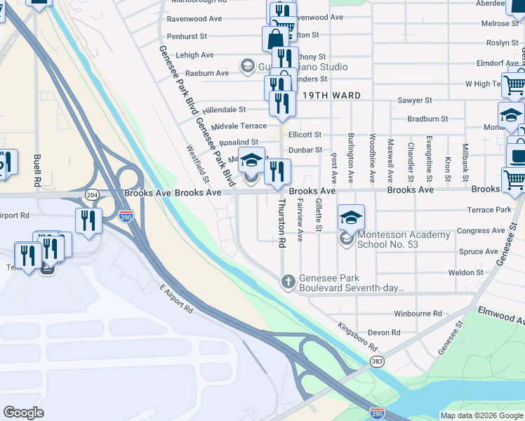 map of restaurants, bars, coffee shops, grocery stores, and more near 72 Brookdale Avenue in Rochester