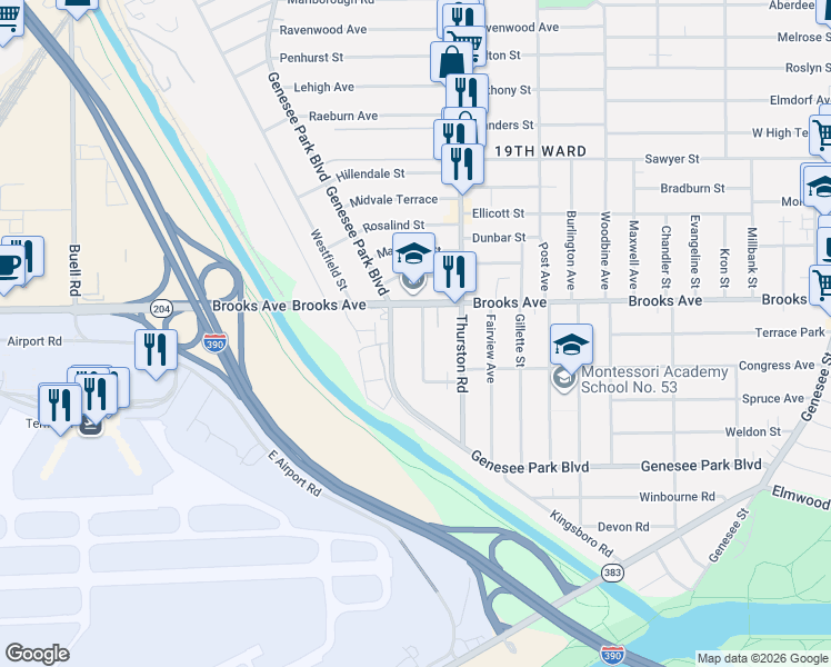 map of restaurants, bars, coffee shops, grocery stores, and more near 72 Brookdale Avenue in Rochester