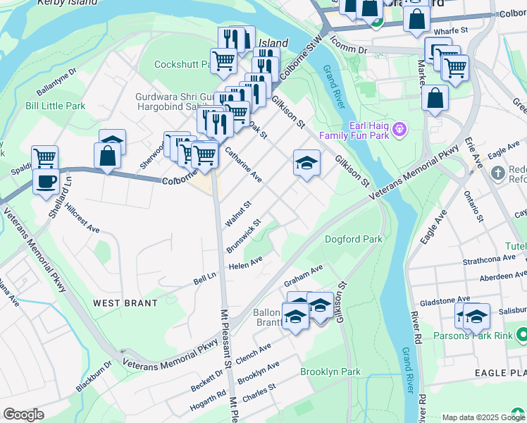map of restaurants, bars, coffee shops, grocery stores, and more near 7 Patricia Street in Brantford
