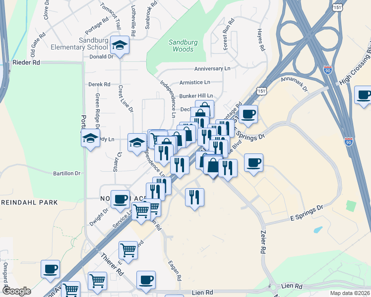 map of restaurants, bars, coffee shops, grocery stores, and more near 4614 East Washington Avenue in Madison