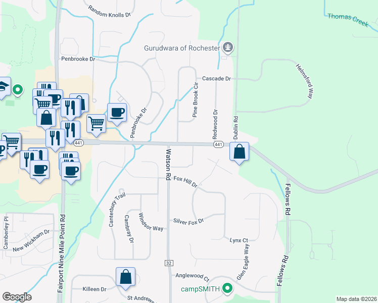 map of restaurants, bars, coffee shops, grocery stores, and more near 2301 Penfield Road in Penfield