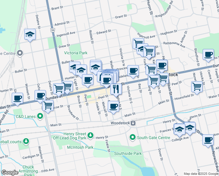 map of restaurants, bars, coffee shops, grocery stores, and more near in Woodstock