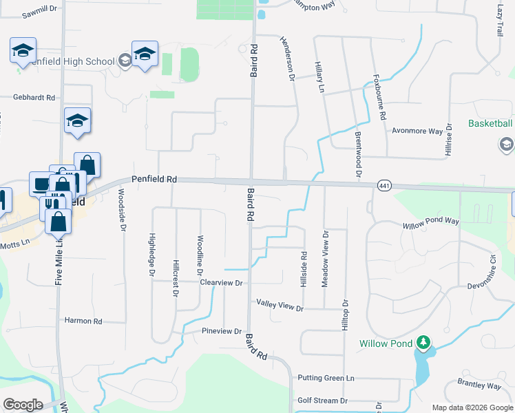 map of restaurants, bars, coffee shops, grocery stores, and more near 20 Valley Brook Road in Penfield