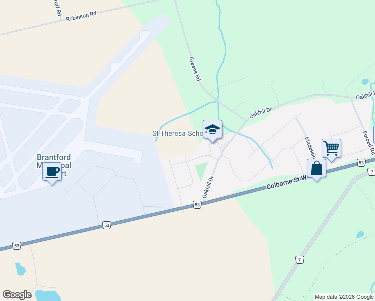 map of restaurants, bars, coffee shops, grocery stores, and more near 19 Westview Avenue in Brantford