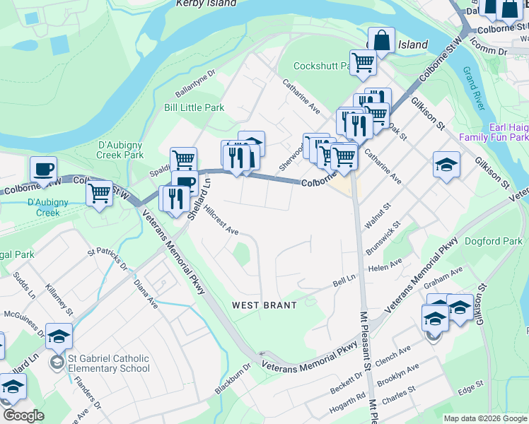map of restaurants, bars, coffee shops, grocery stores, and more near 40 Hillcrest Avenue in Brantford