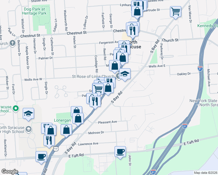 map of restaurants, bars, coffee shops, grocery stores, and more near 409 Route 11 in North Syracuse