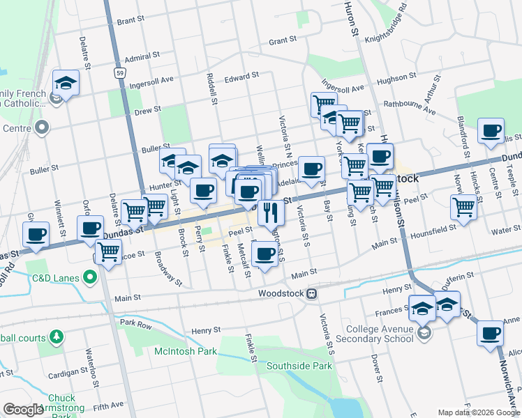 map of restaurants, bars, coffee shops, grocery stores, and more near in Woodstock