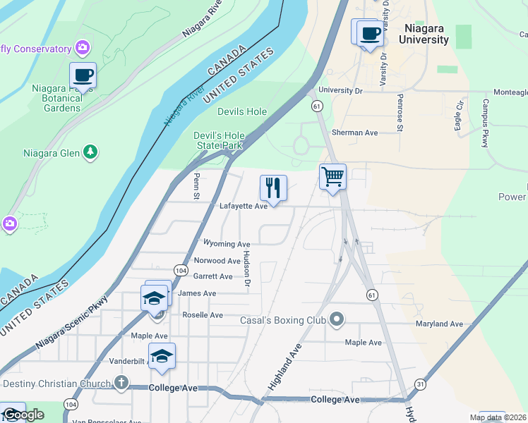 map of restaurants, bars, coffee shops, grocery stores, and more near 1421 Lafayette Avenue in Niagara Falls