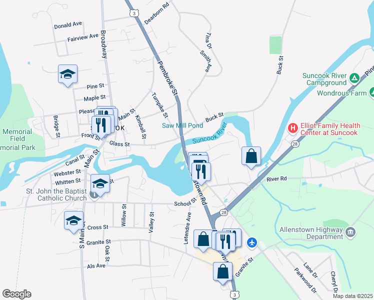 map of restaurants, bars, coffee shops, grocery stores, and more near 47 Daniel Webster Highway in Pembroke