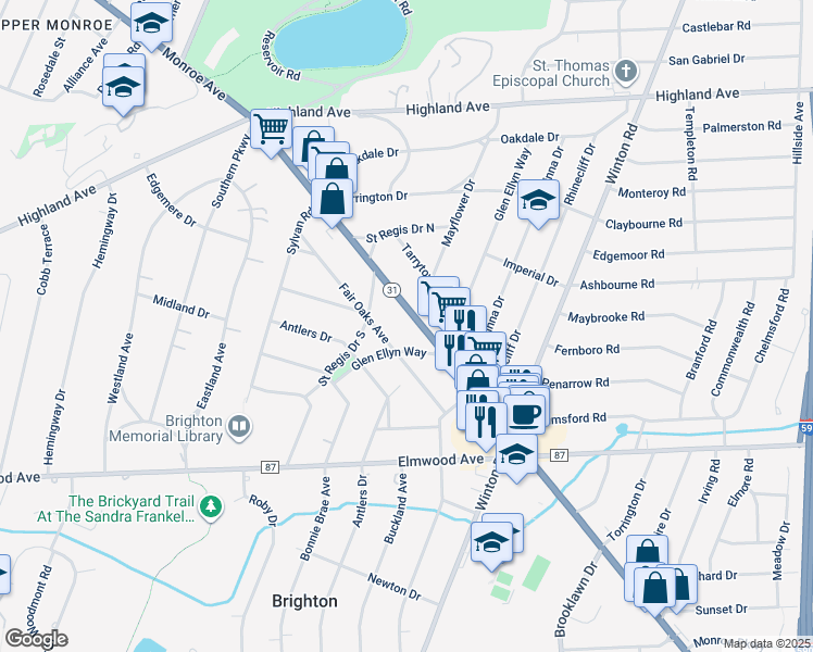 map of restaurants, bars, coffee shops, grocery stores, and more near 377 Glen Ellyn Way in Rochester