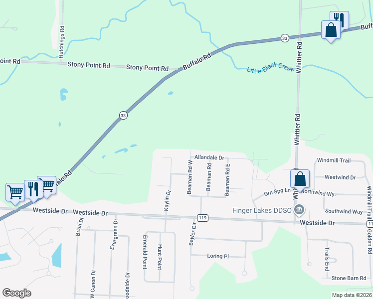 map of restaurants, bars, coffee shops, grocery stores, and more near 20 Beaman Road West in Monroe County