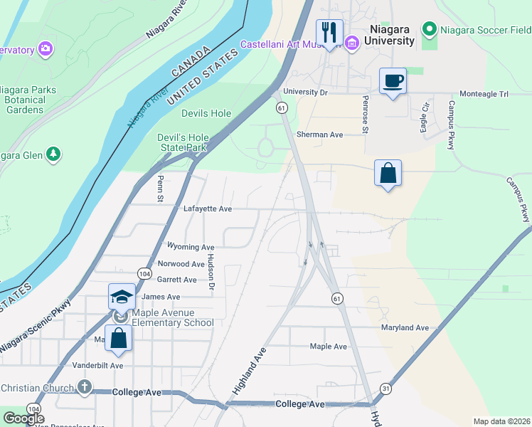 map of restaurants, bars, coffee shops, grocery stores, and more near 1459 Wyoming Avenue in Niagara Falls
