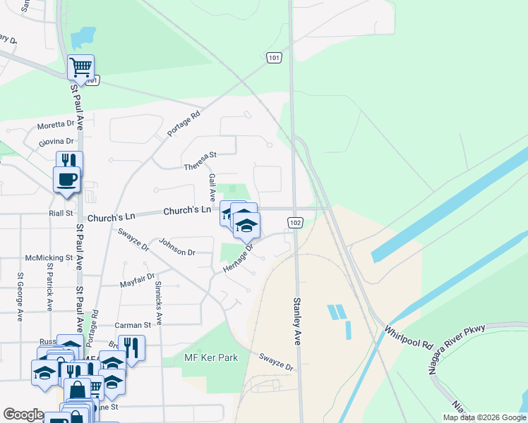 map of restaurants, bars, coffee shops, grocery stores, and more near 5624 Church's Lane in Niagara Falls