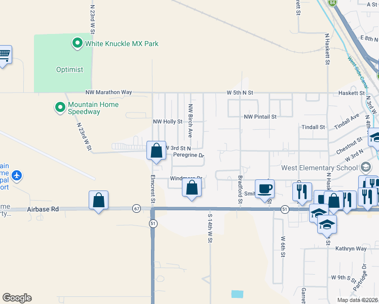 map of restaurants, bars, coffee shops, grocery stores, and more near 1530 Peregrine Drive in Mountain Home