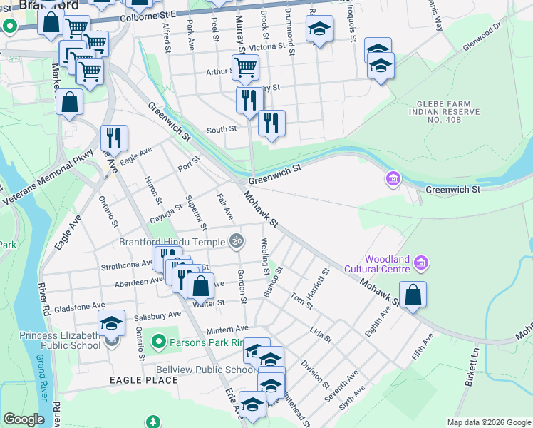 map of restaurants, bars, coffee shops, grocery stores, and more near 55 Mohawk Street in Brantford