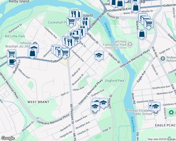 map of restaurants, bars, coffee shops, grocery stores, and more near 74 Brunswick Street in Brantford